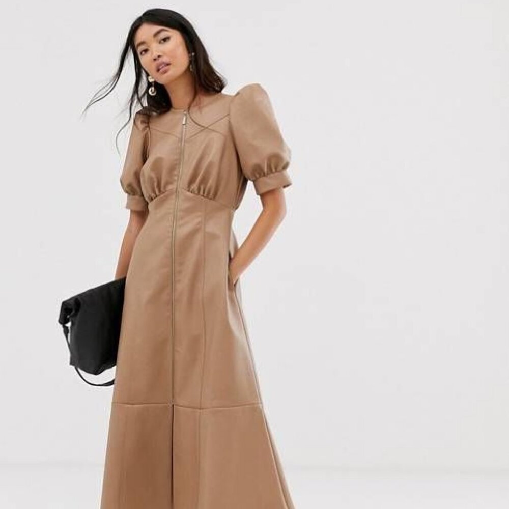 ASOS DESIGN leather look puff sleeve zip through midi dress